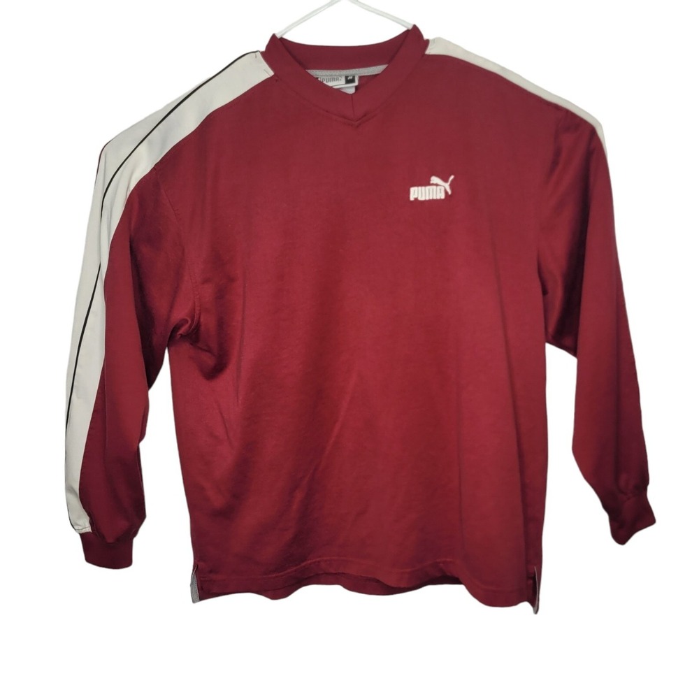 Vtg Puma 1990-2000 Long Sleeve Vneck Light Weight Pullover Maroon White‎ Sz M